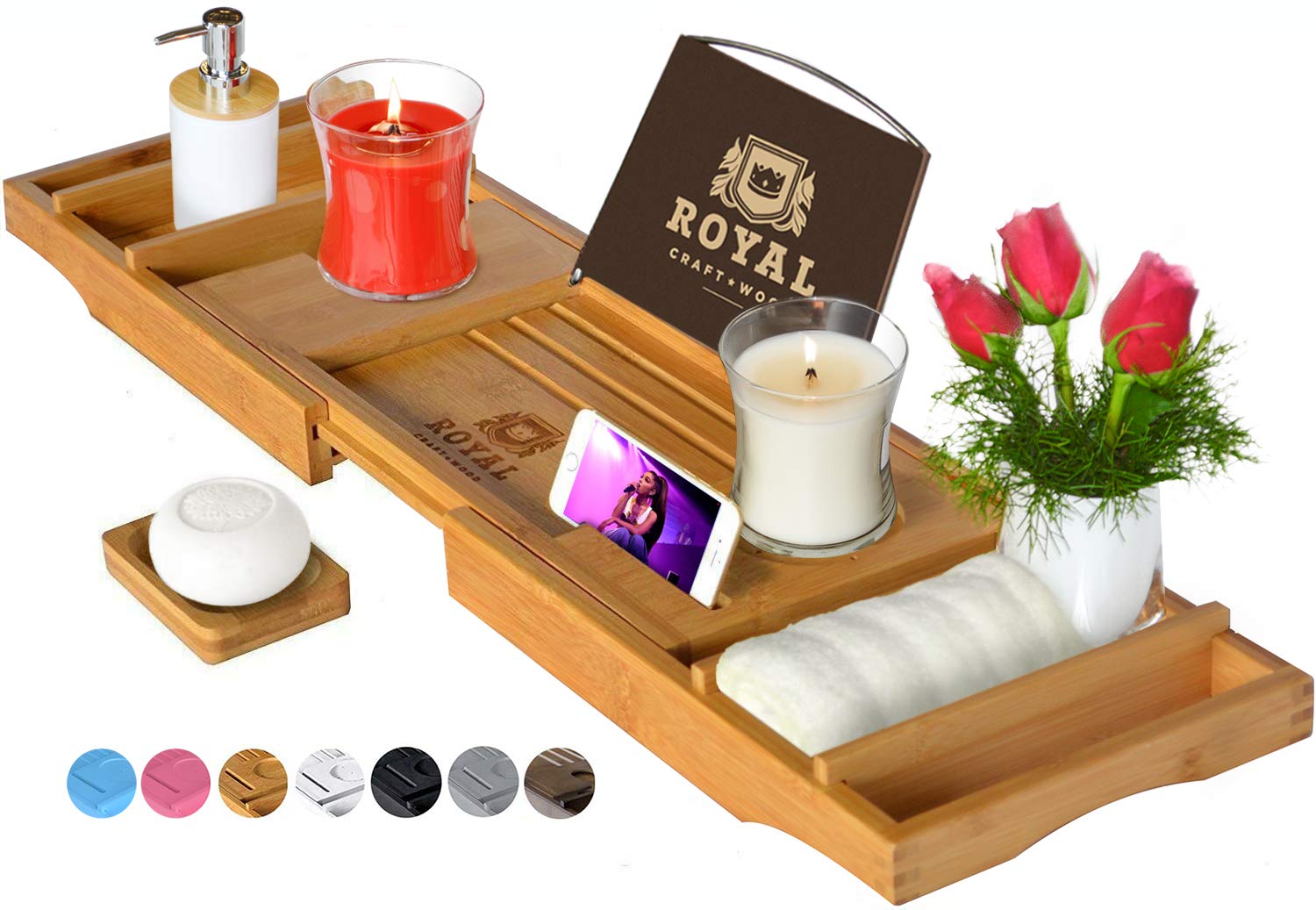 Royal Craft Wood Bamboo Bathtub Caddy Tray with Wine and Book Holder One or 