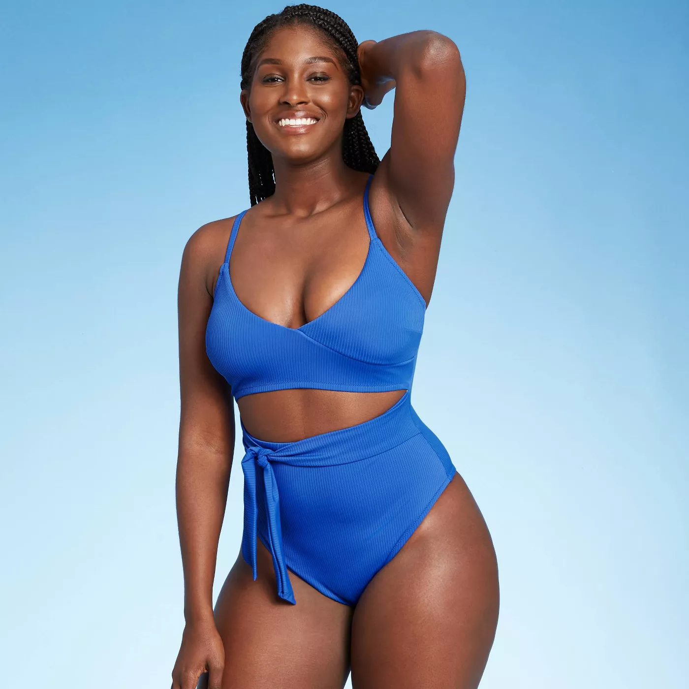 Shade & Shore + Front Cut Out Sash-Tie Ribbed One Piece Swimsuit.