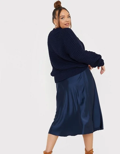 In The Style Plus x Lorna Luxe Satin slip midi skirt in navy