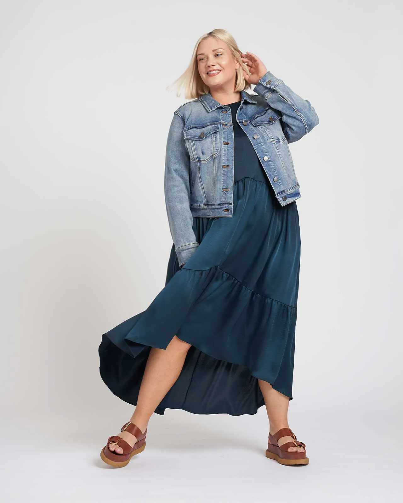 satin dress with denim jacket