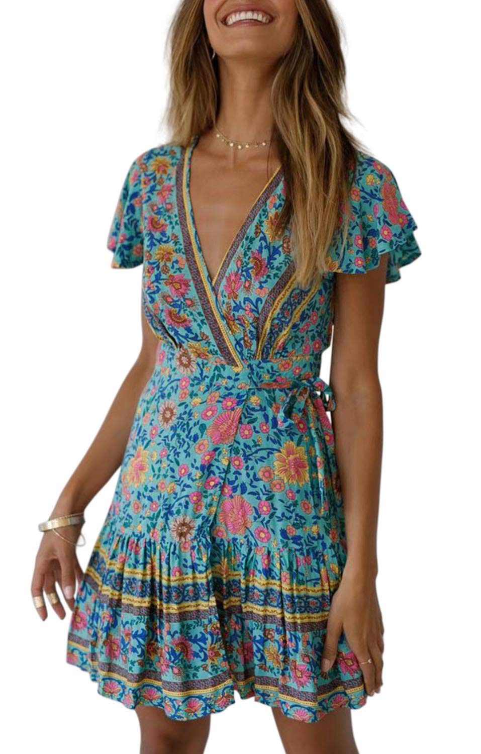 Womens Summer Short Sleeve V Neck Casual Floral Print Ruffle Hem Mini Dress Short Dresses with Rings 