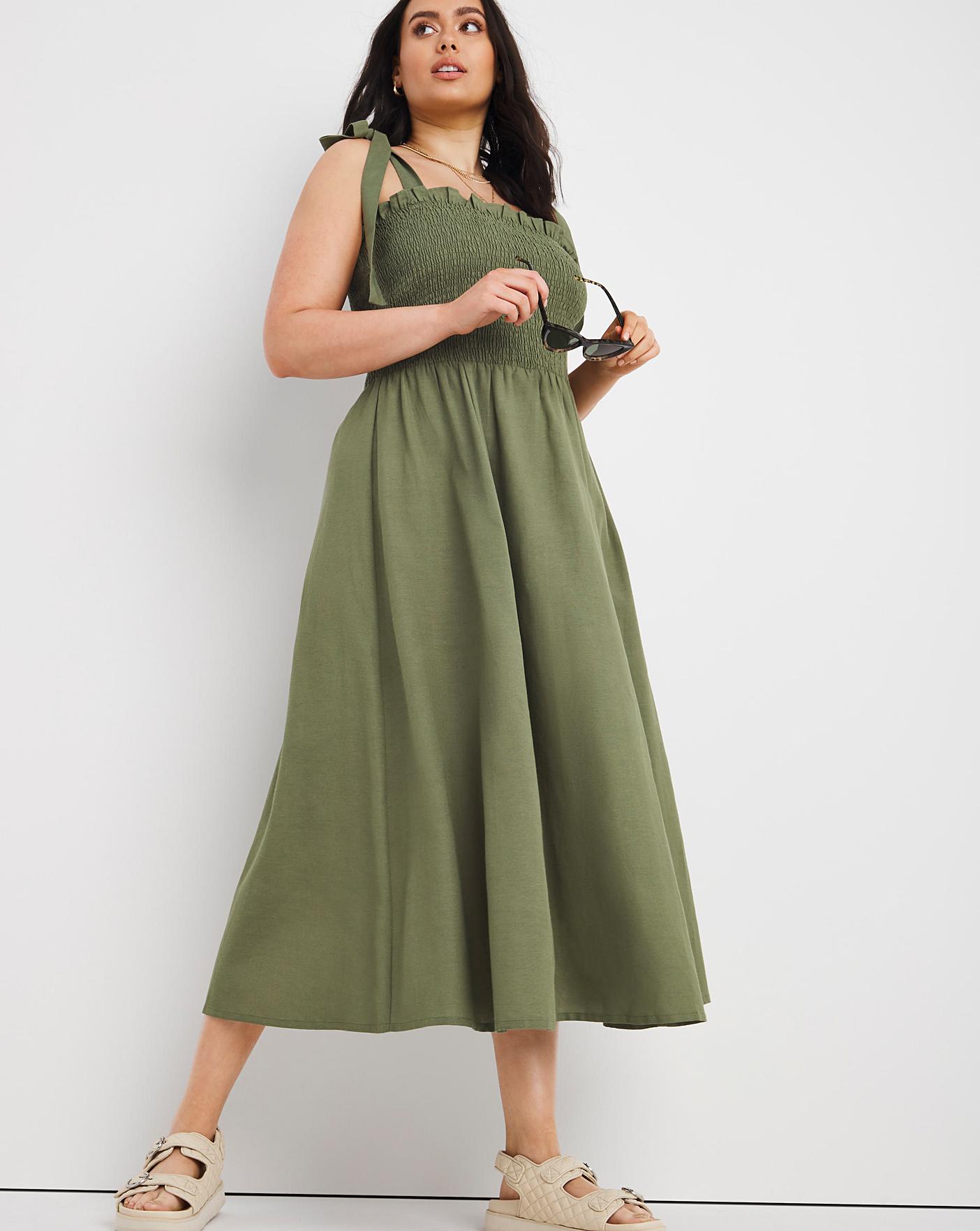 Simply Be + Khaki Shirred Linen Midi Dress