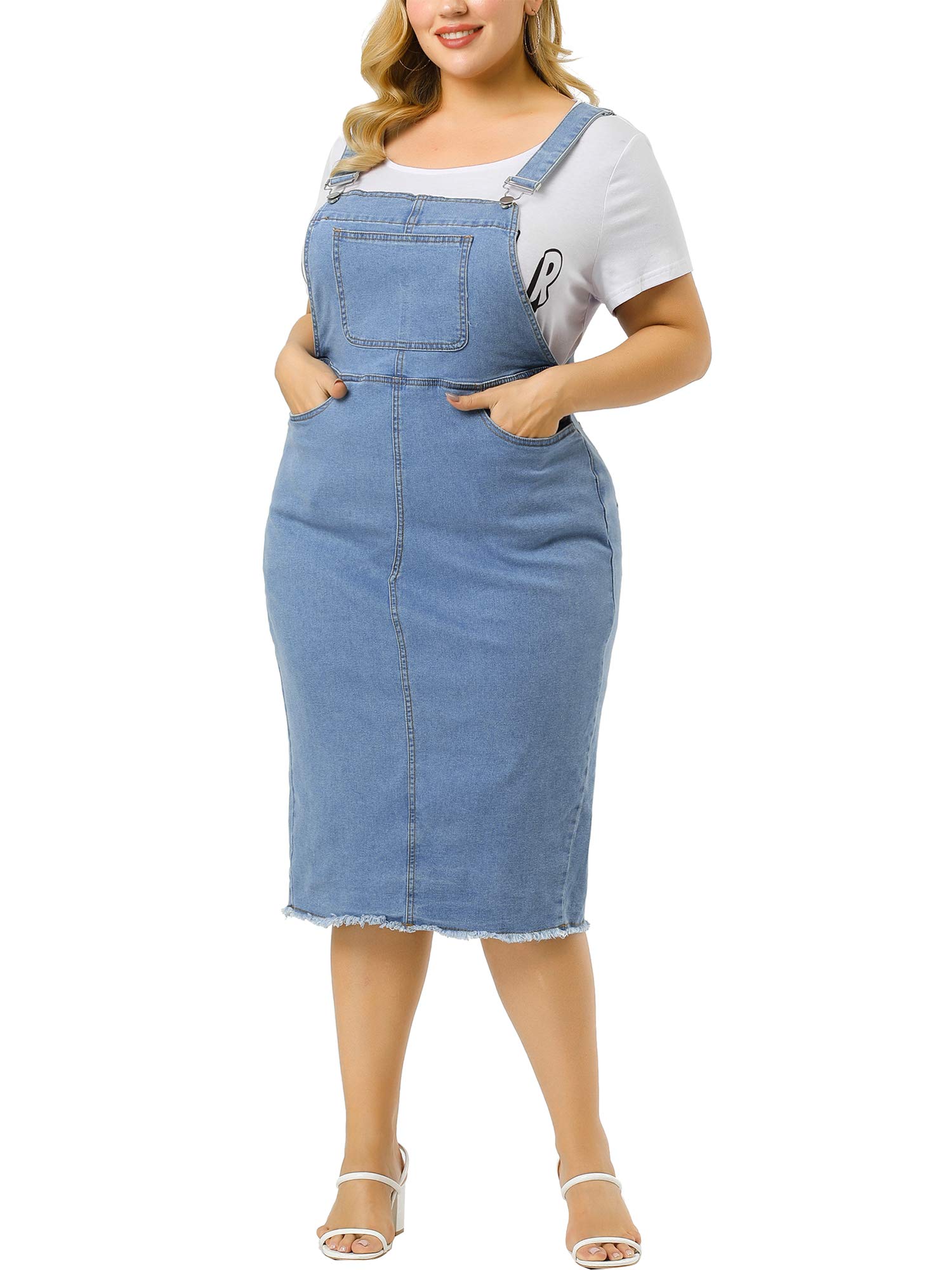 Agnes Orinda Agnes Orinda Plus Size Overalls Dresses for Women Adjustable Strap Slit Raw Hem Overall Denim Dress