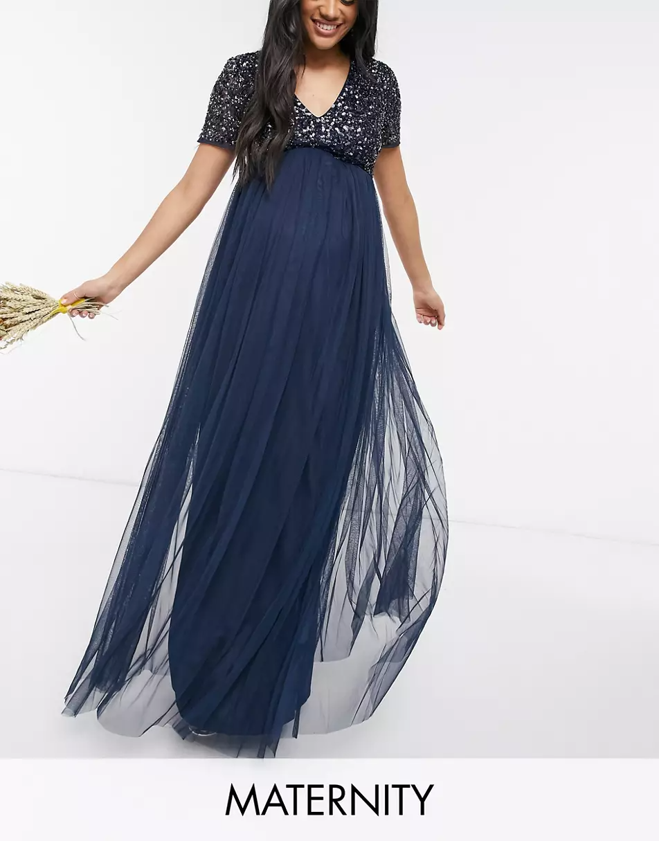 Maya Maternity Bridesmaid V-Neck Maxi Tulle Dress