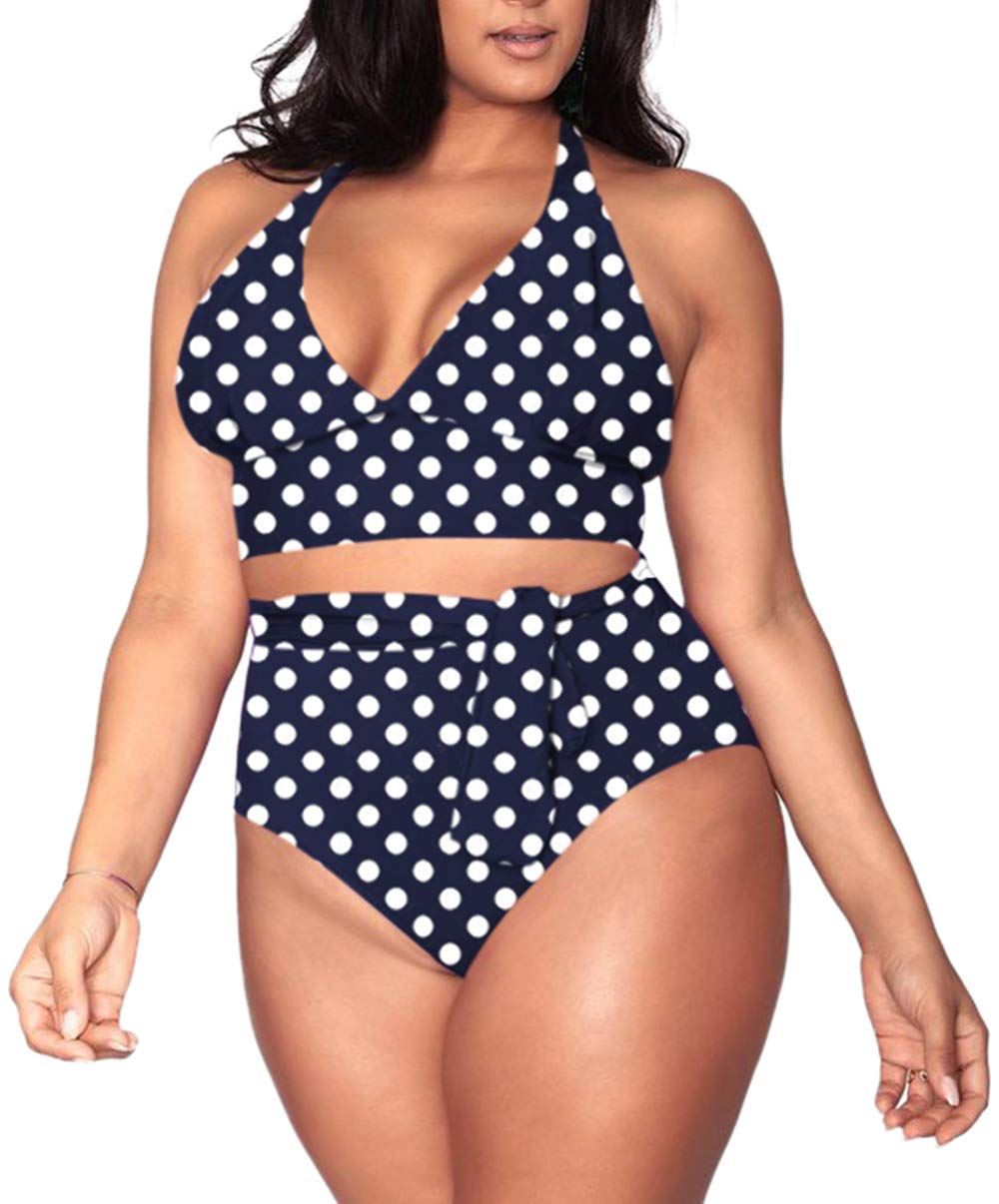 Womens Plus Size One Piece Swimsuit Classic Retro Polka Dot Bikini V Neck Tummy Control Bathing Suit 