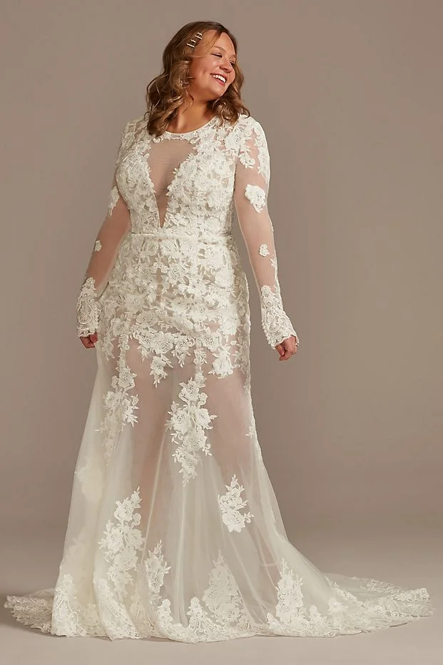 Galina Signature + Long Sleeve Sequin Plus Bodysuit Wedding Dress