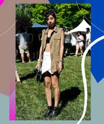 Victorias Secret designer Allie is seen wearing a Zara vest, Zara skort, Jeffrey Campbell boots and Ray Ban glasses during the 2014 Governors Ball Music Festival at Randall's Island on June 7, 2014