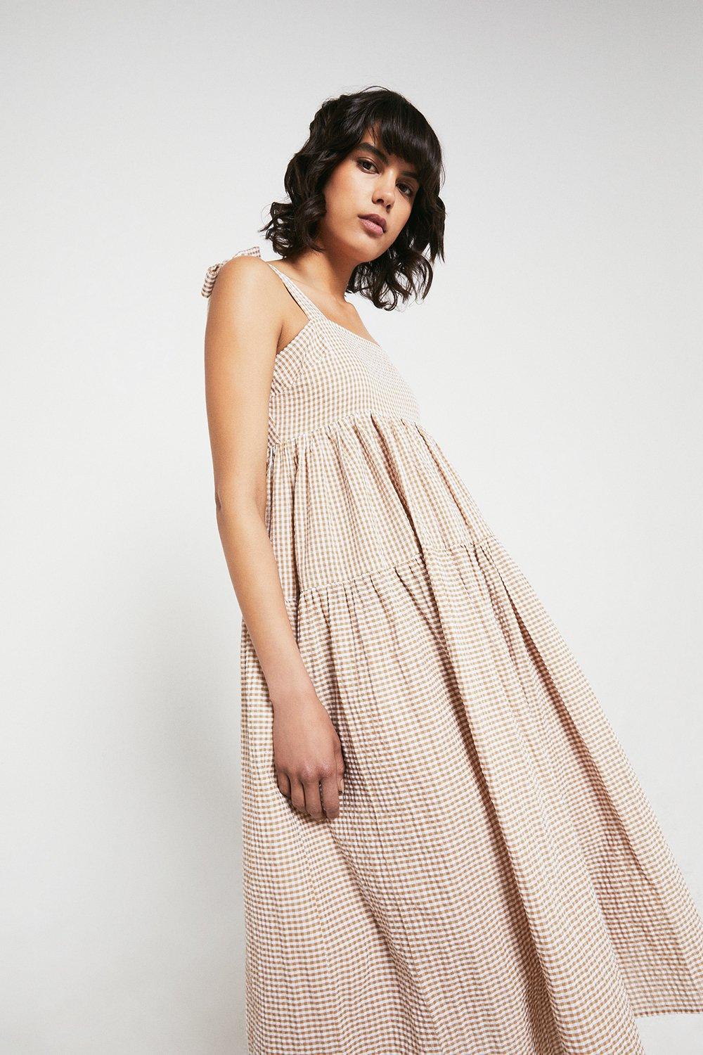 Warehouse + Gingham Tie Shoulder Midi Dress