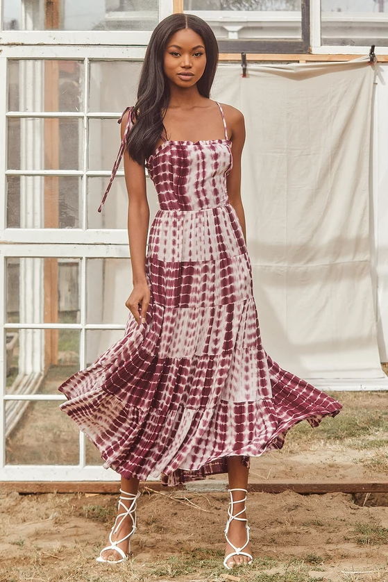 Lulus Groovy Baby Burgundy Tie Dye Tie Strap Maxi Dress
