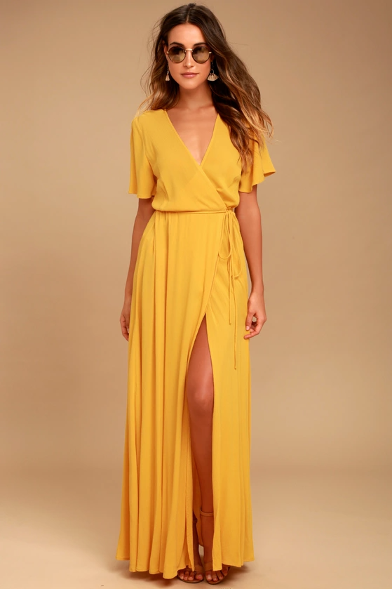 Lulus + Much Obliged Golden Yellow Wrap Maxi Dress