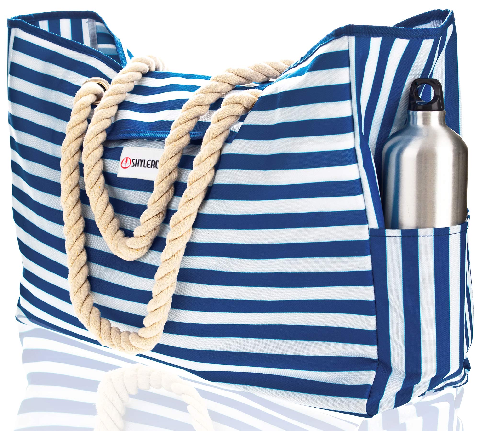 Beach Bag Nautical Marine Anchor And Waves Large Tote Pool Bags Zipper  Sandproof Cotton Rope Handles Side Pockets For Travel,Gym, Swim