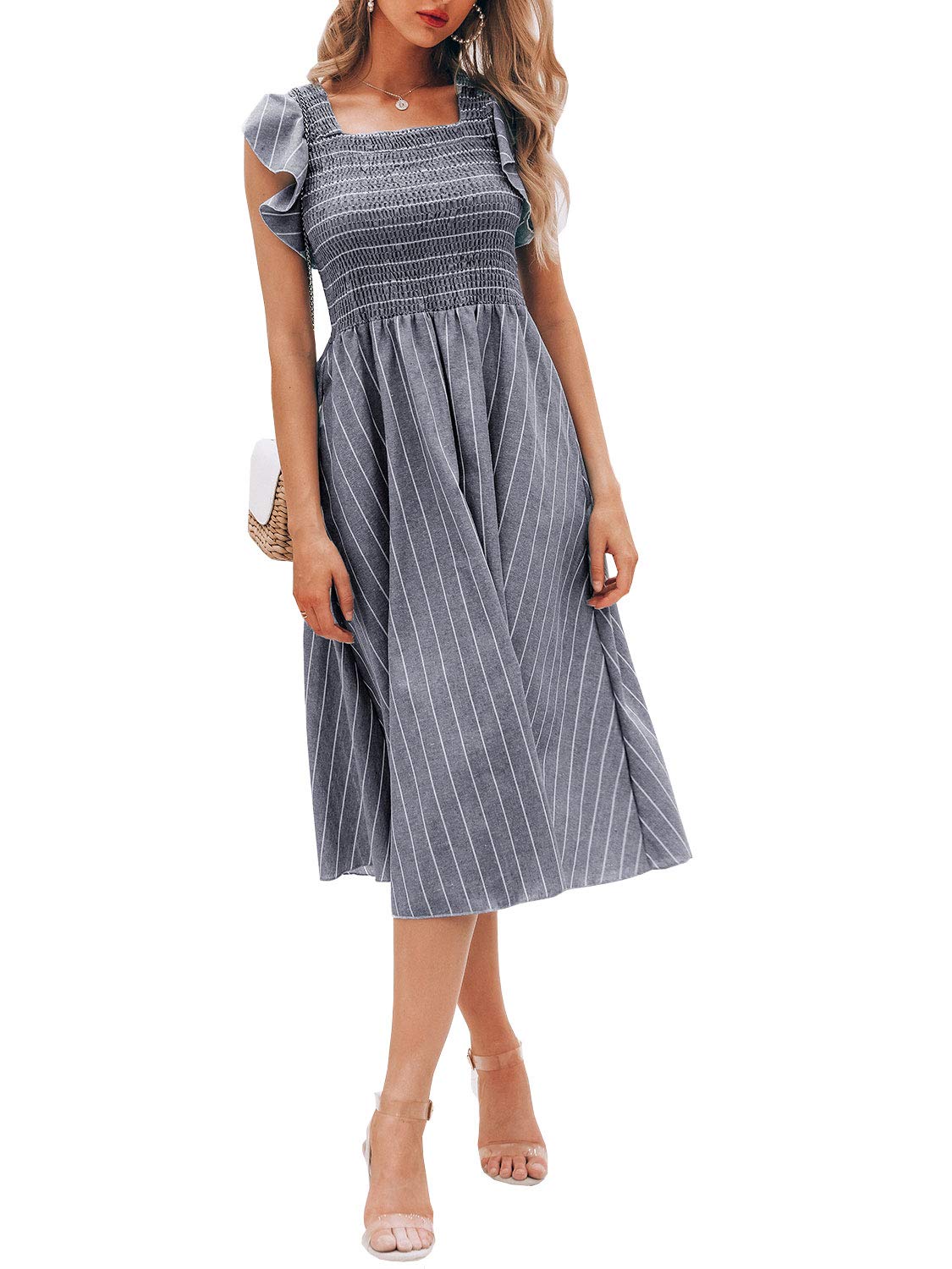 Miessial + Striped Ruffle Sleeve Midi Dress