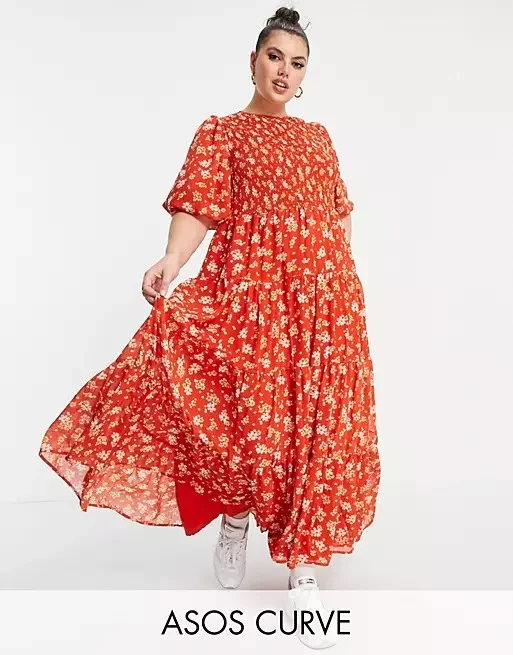 ASOS CURVE Shirred tiered maxi dress in red floral print