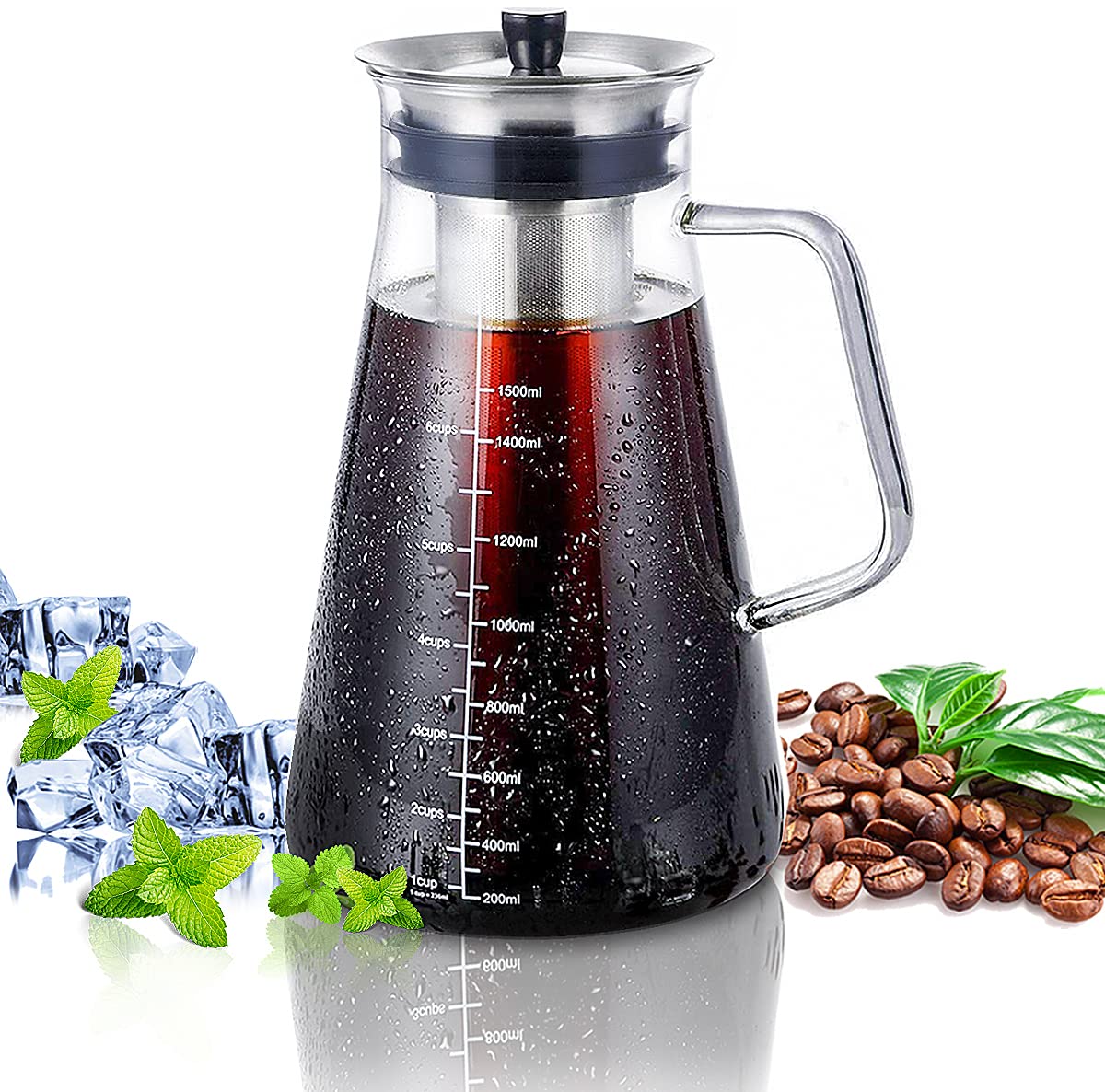 Coffee Gator Cold Brew Coffee Maker - 47 oz Iced Tea and Cold Brew Maker  and Pitcher w/Glass Carafe, Filter, Funnel & Measuring Scoop - Black