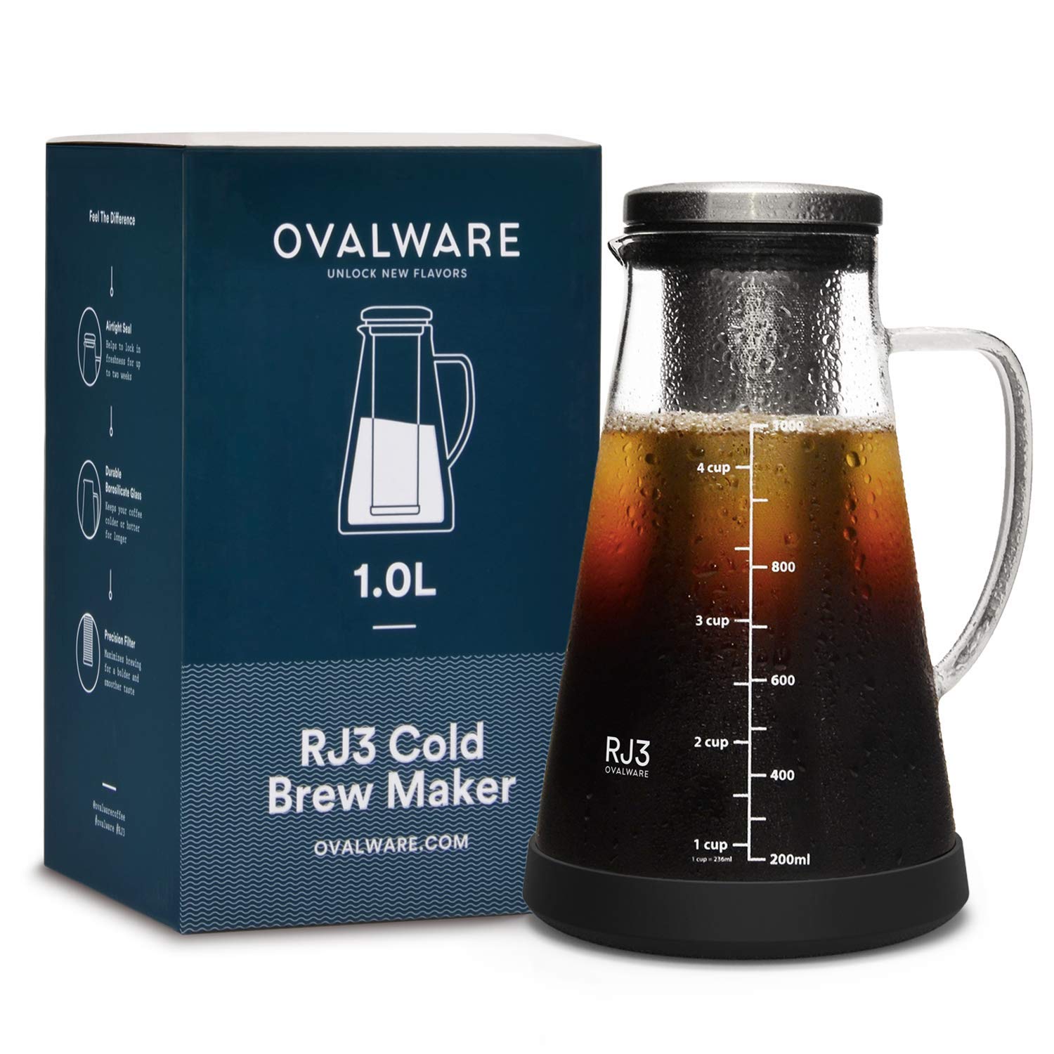  Coffee Gator Cold Brew Coffee Maker - 47 oz Iced Tea and Cold  Brew Maker and Pitcher w/Glass Carafe, Filter, Funnel & Measuring Scoop -  Black : Home & Kitchen