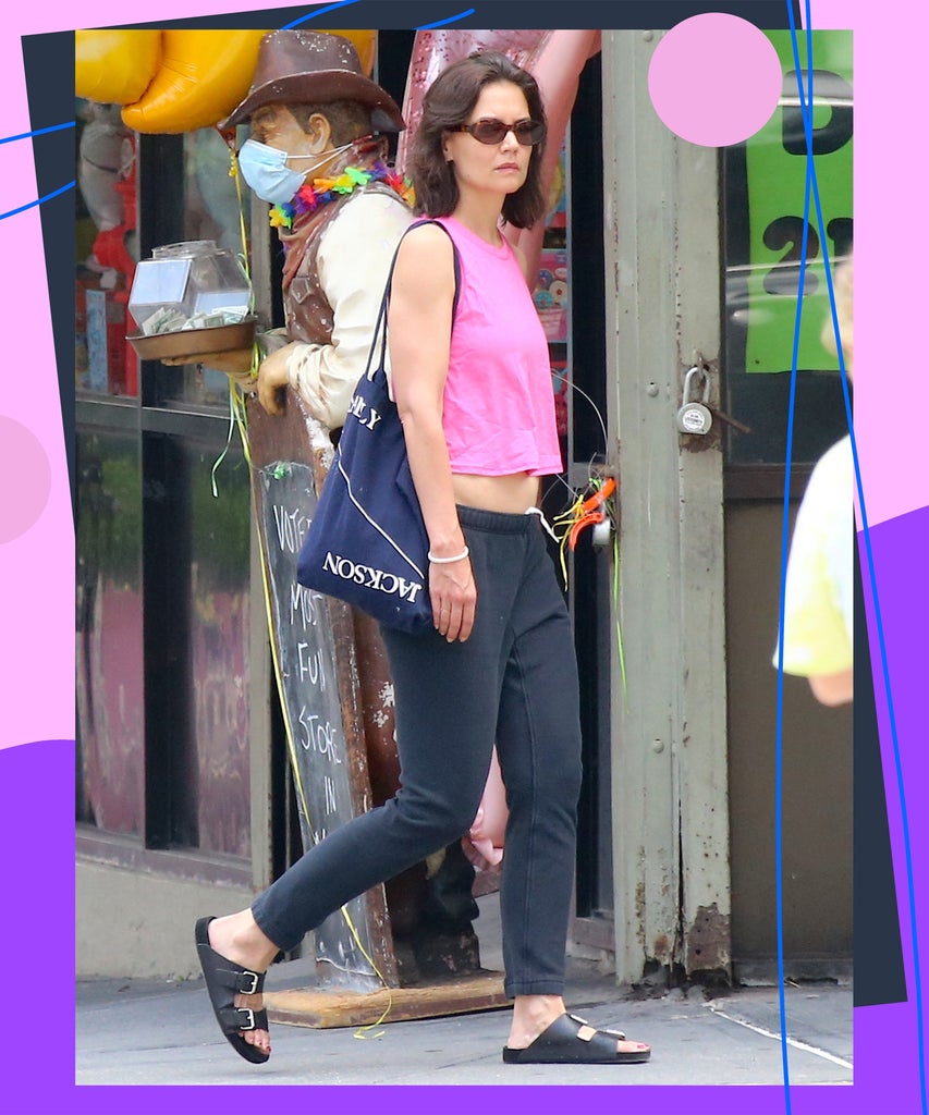 Katie Holmes’ Latest Athleisure Look Featured Birkenstocks & Low-Rise Sweatpants