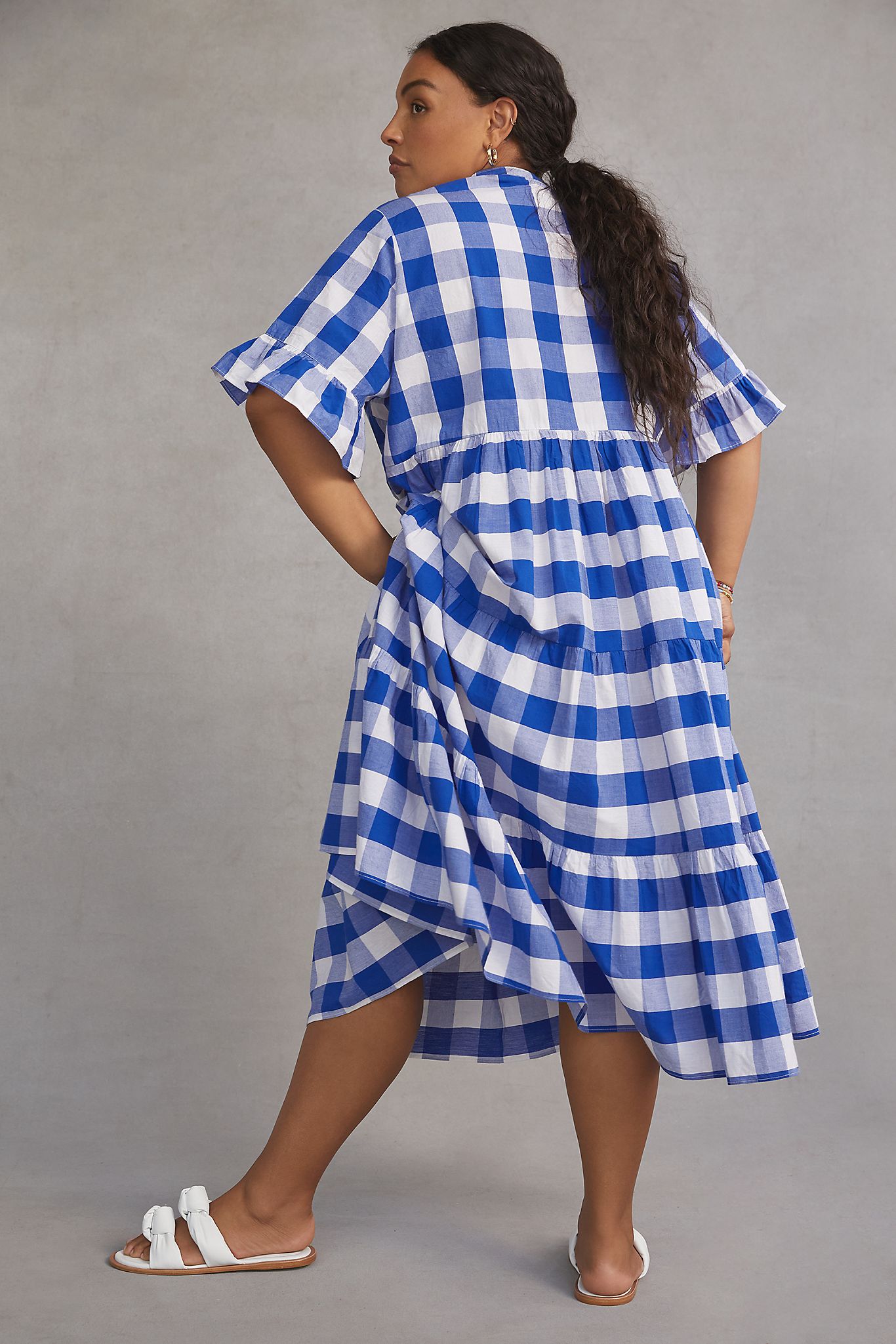 WHIT Two + Gingham Tiered Midi Dress