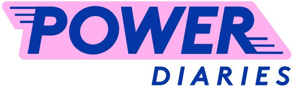 A pink and blue logo that reads "Power Diaries"