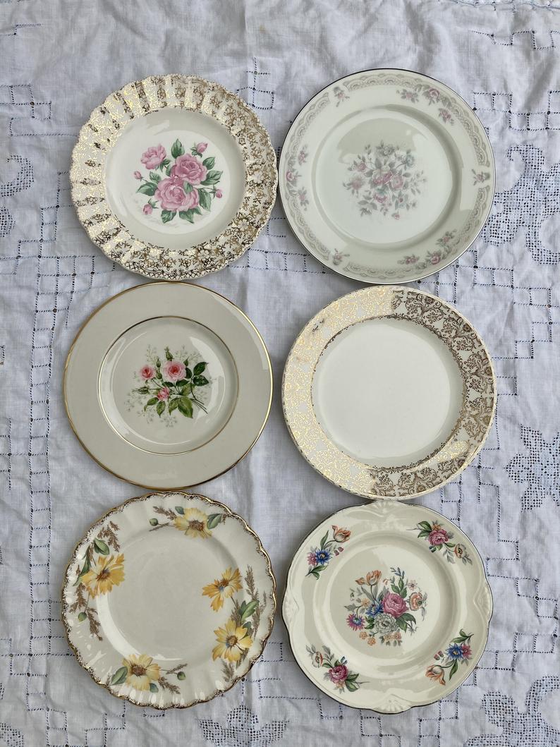 GlamourAndGrace15 + Set of 6 vintage mismatched wedding cake plates