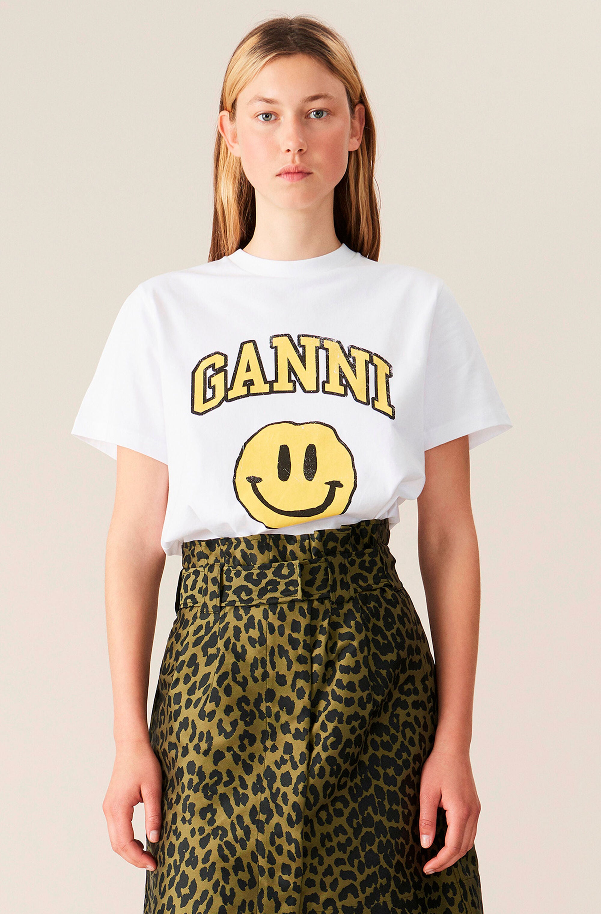 Ganni White Basic Cotton Jersey Smiley T-Shirt