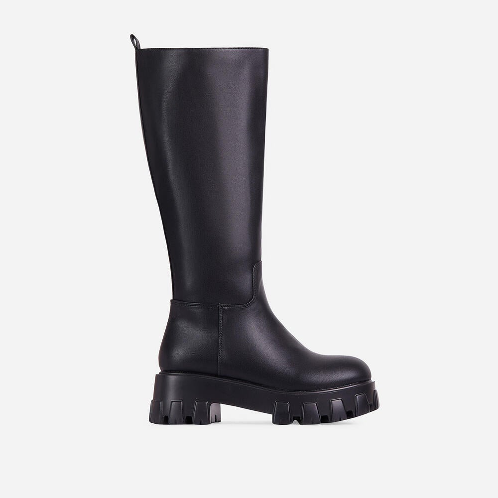 EGO + Drizzle Chunky Sole Knee High Long Wellington Boot In Black Faux