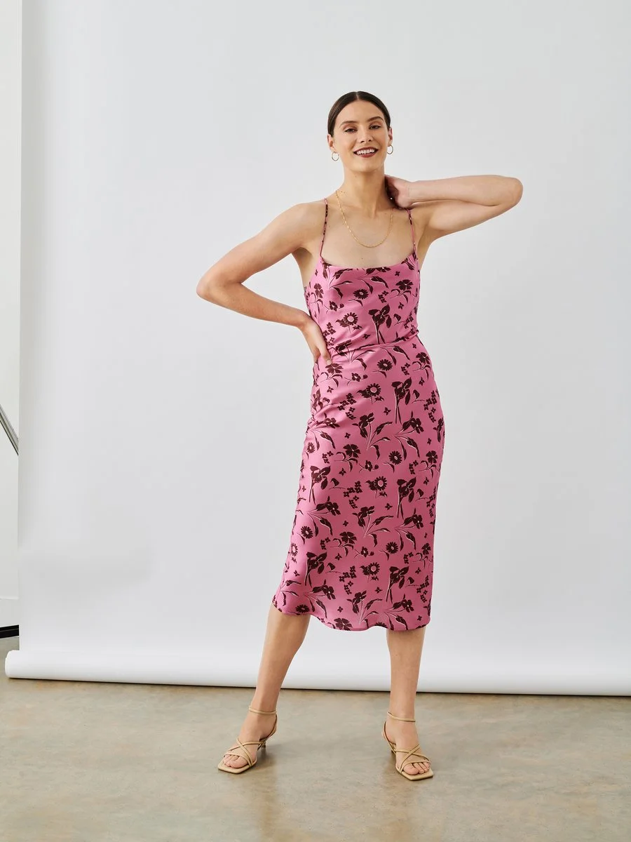 Omnes + Riviera Cami Slip Midi Dress in Spaced Floral Pink