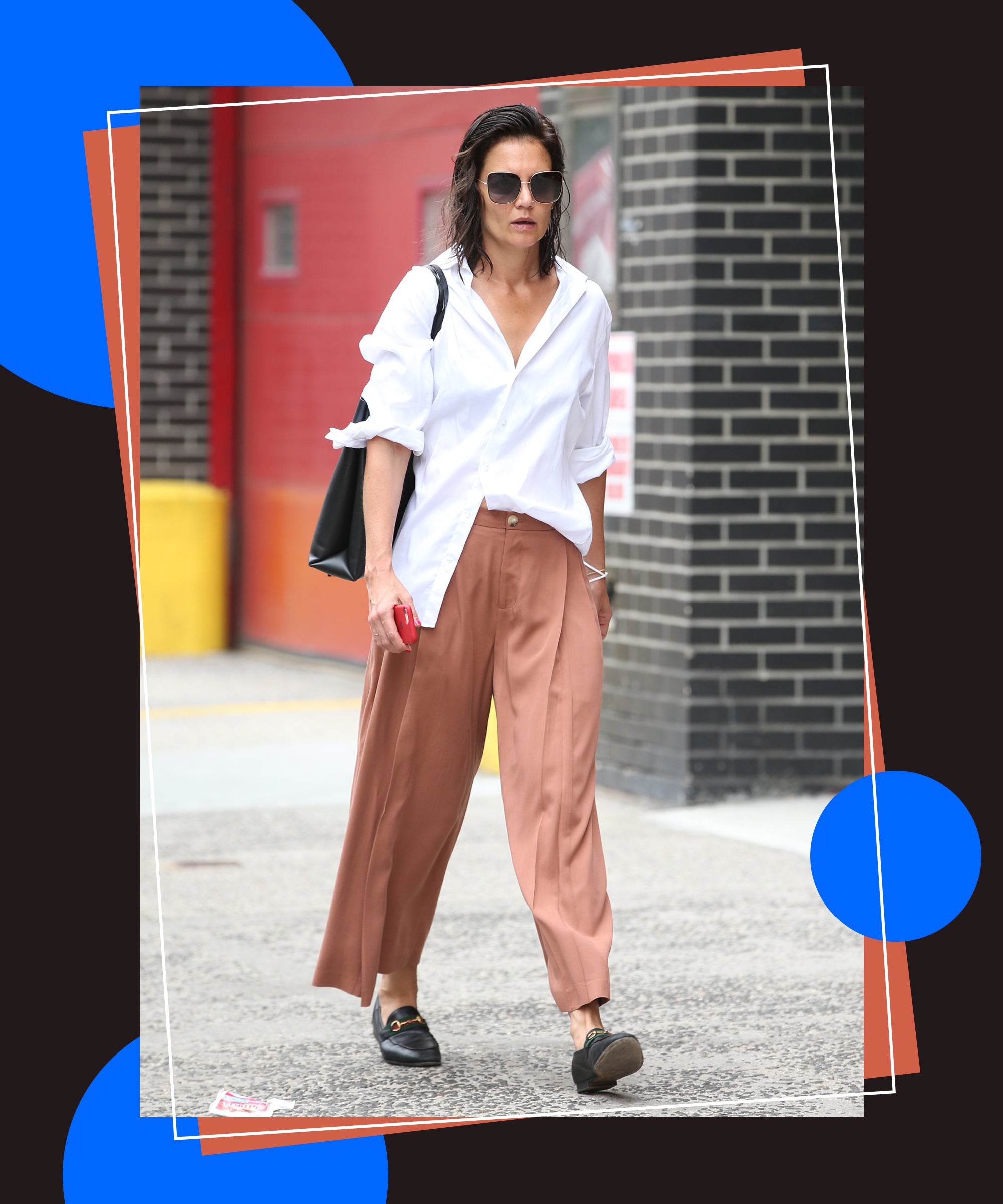 Katie Holmes Menswear-Inspired Outfit With Summer Tote, Retro