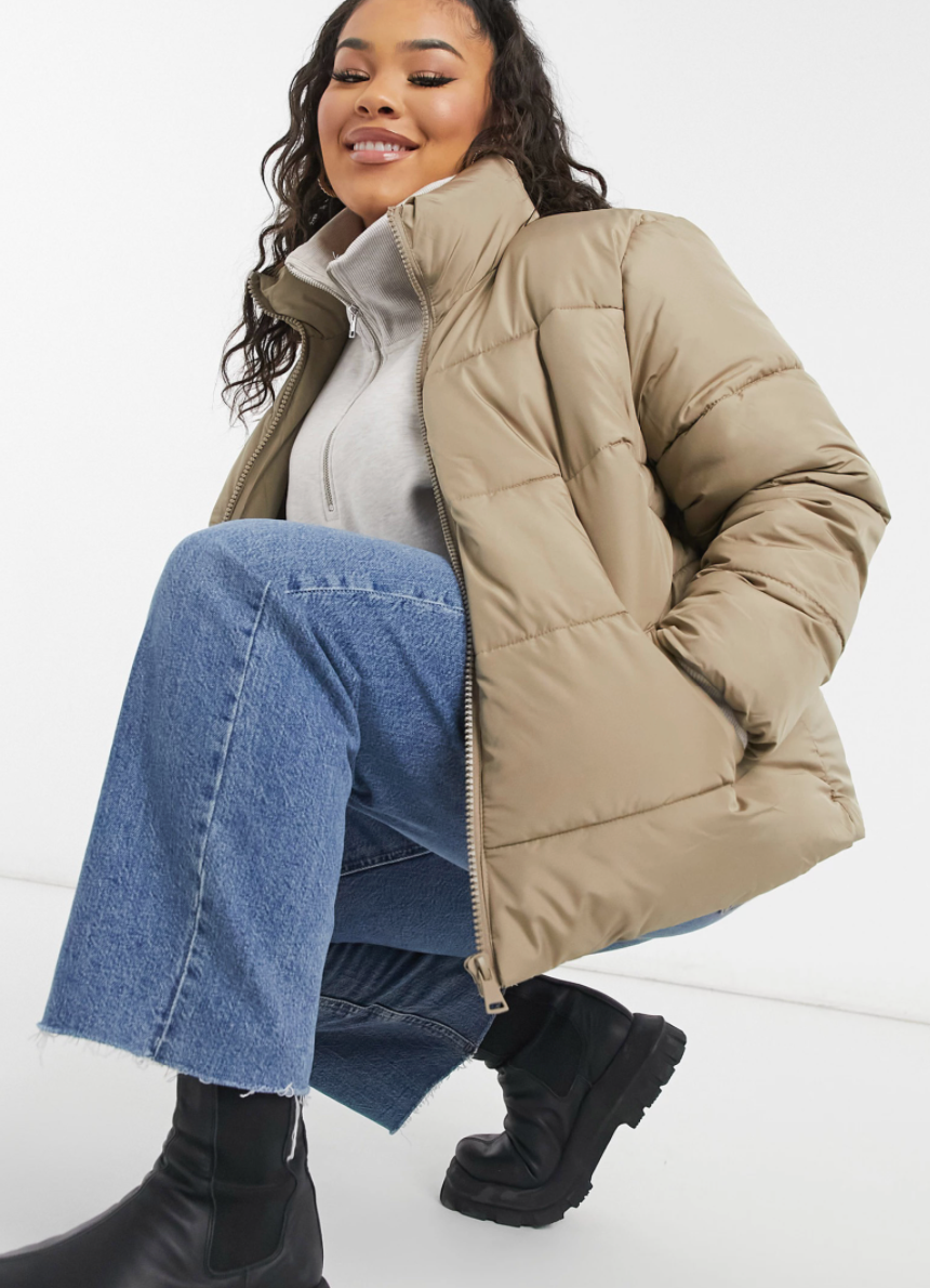 New Look Curve + hooded puffer coat in camel