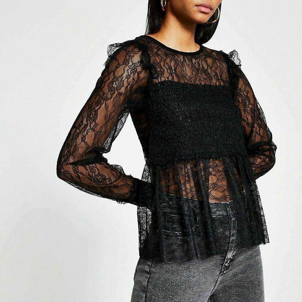 River Island + Black Shirred Long Sleeve Lace Top