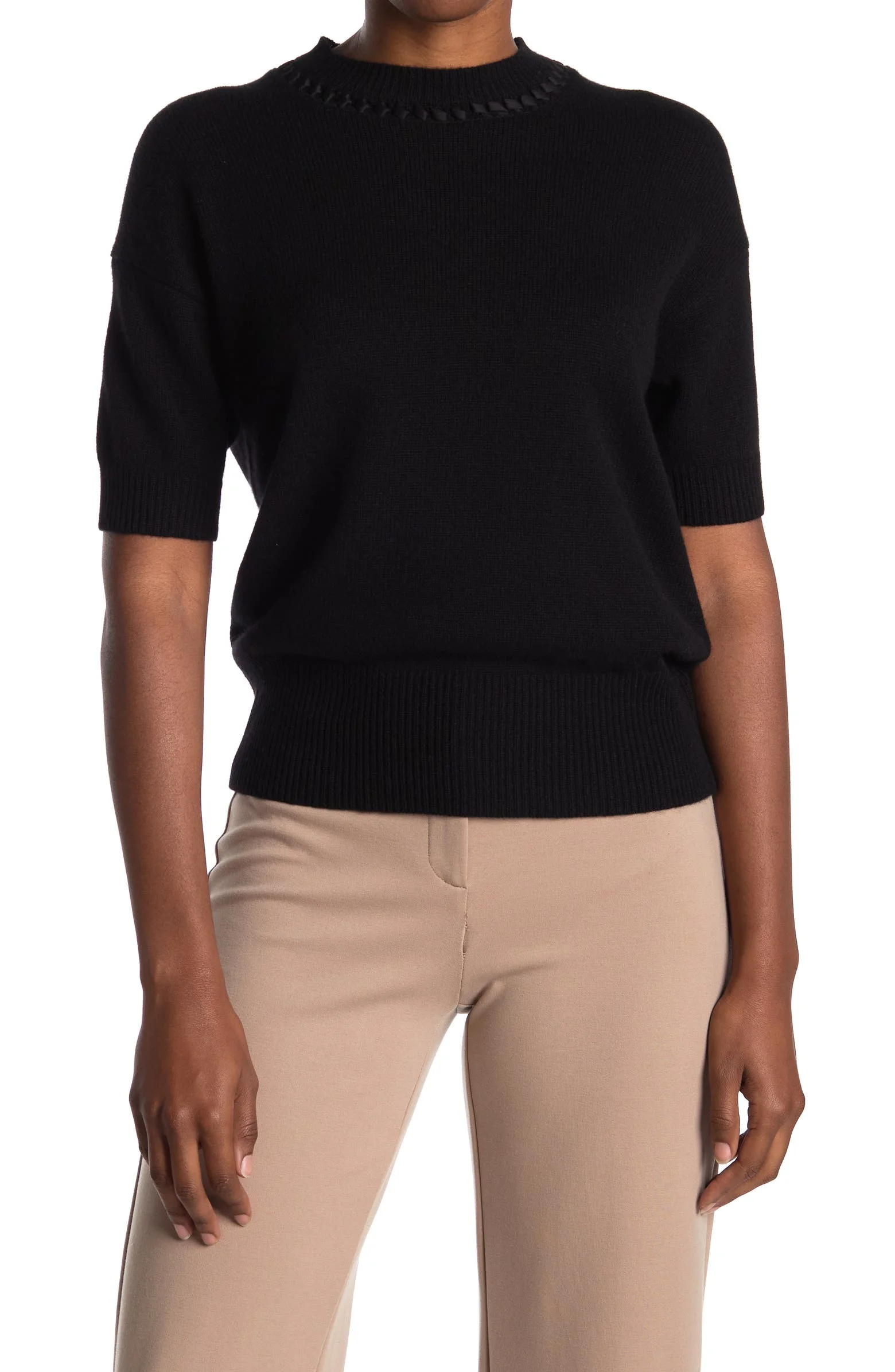 Theory + Stitch Detail Mock Neck Short Sleeve Cashmere Sweater