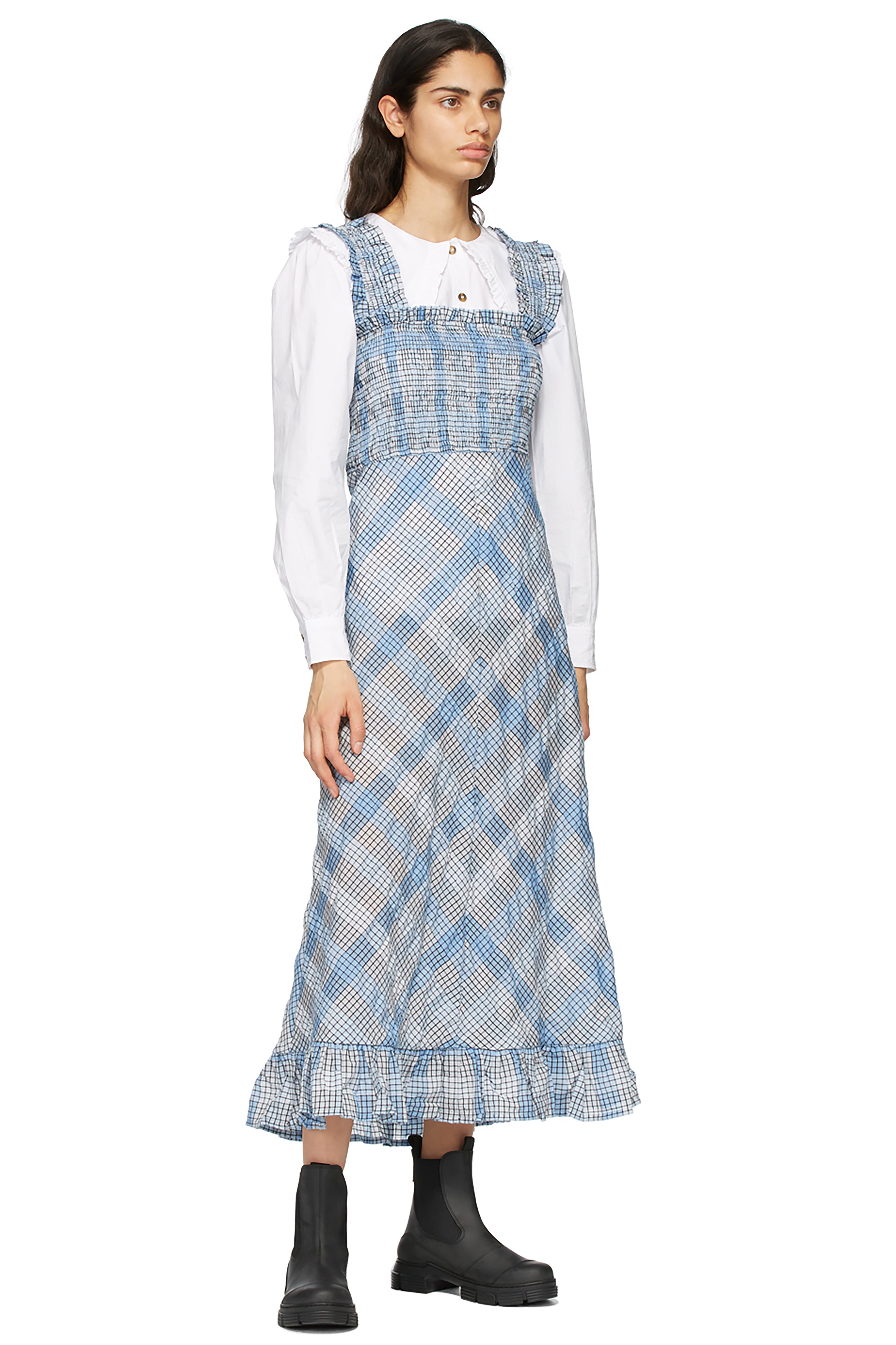 Ganni Blue Seersucker Long Dress