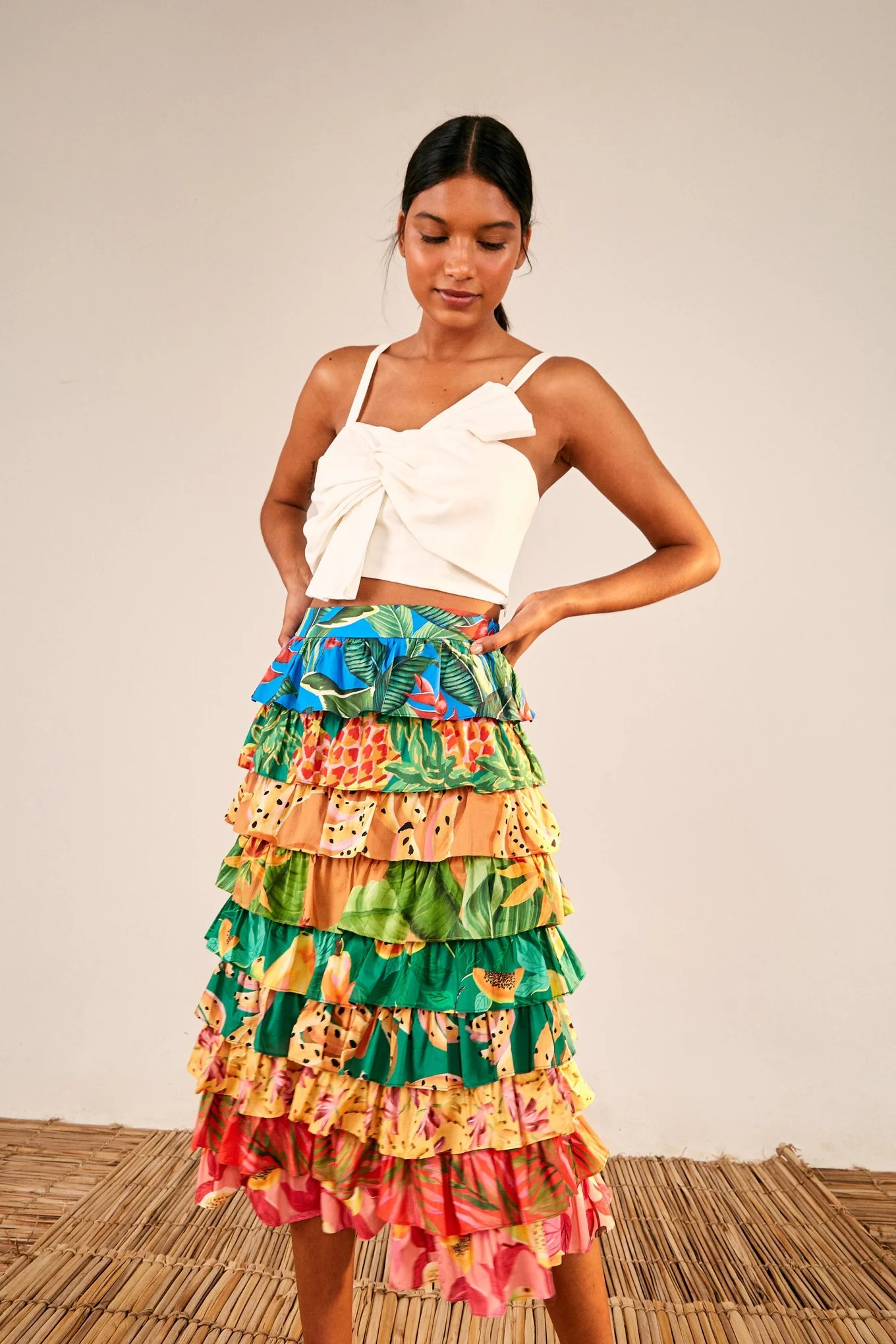 Farm Rio + Mixed prints multi layered midi skirt