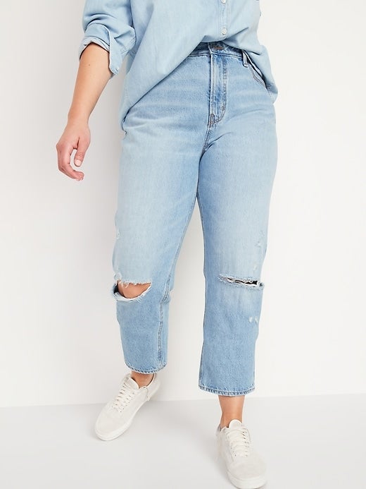 Old Navy + HighWaisted Slouchy Straight Cropped Ripped Jeans