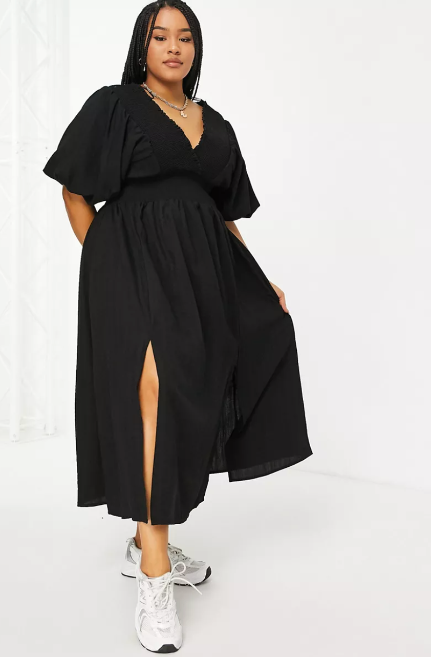 ASOS DESIGN Curve Plus puff sleeve midi dress in black