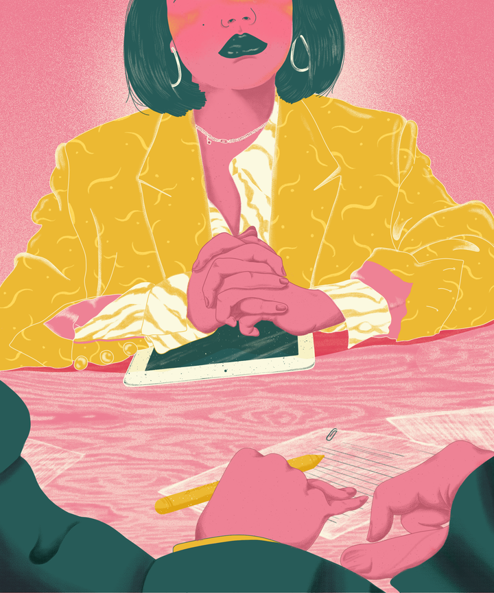 Person at a table with arms crossed, opposite business people