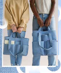 two people holding denim bags