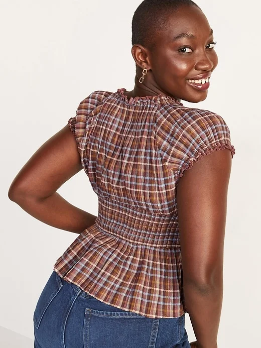 Old Navy + Plaid Smocked-Waist Short-Sleeve Peplum Top
