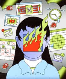 A surreal illustration of a woman with fire coming out of her face. She is surrounded by black smoke filled with emails and reminders.