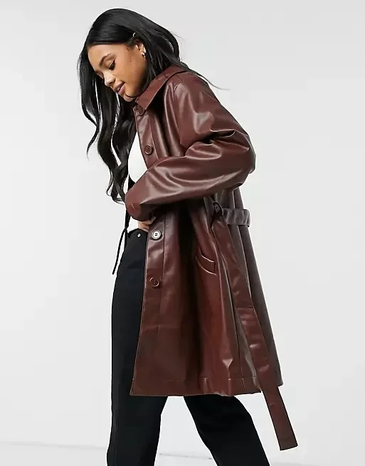 Monki Rori patent jacket with belt in brown
