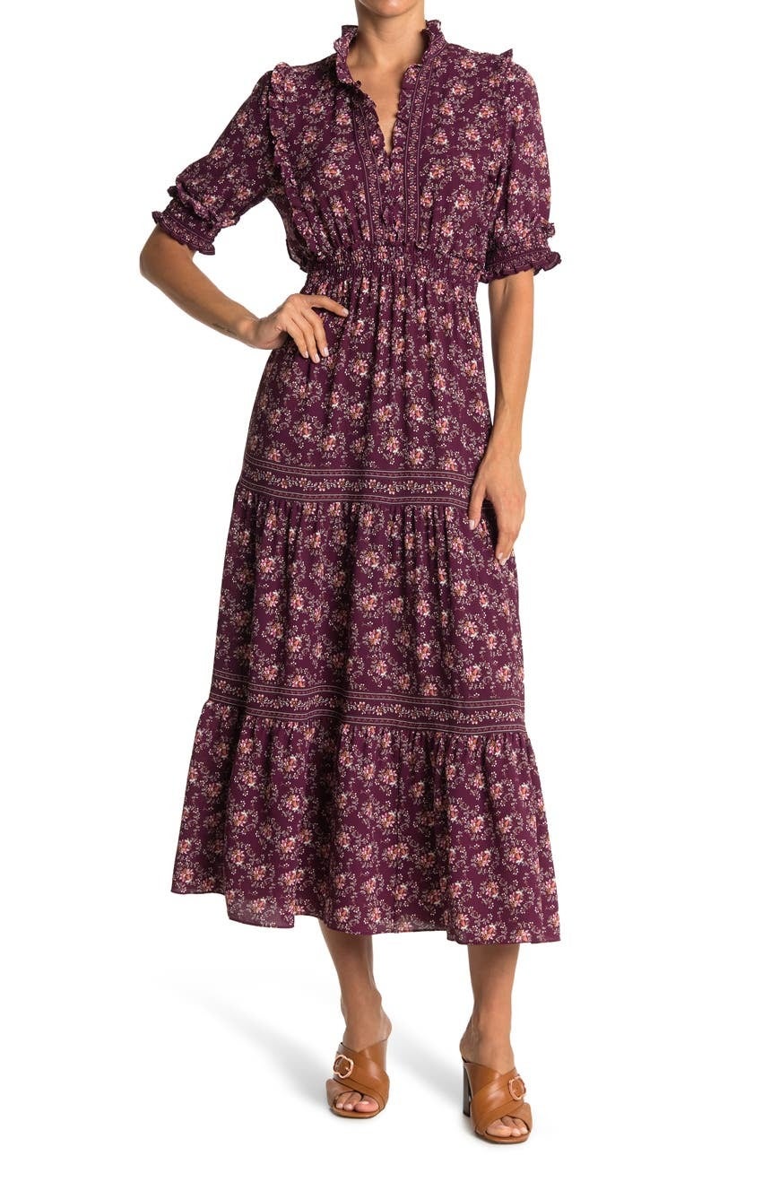 Max Studio + Elbow Length Sleeve Print Tiered Maxi Dress