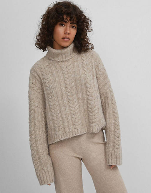 Bershka + Recycled Polyester High Neck Cable Knit Jumper In Oatmeal