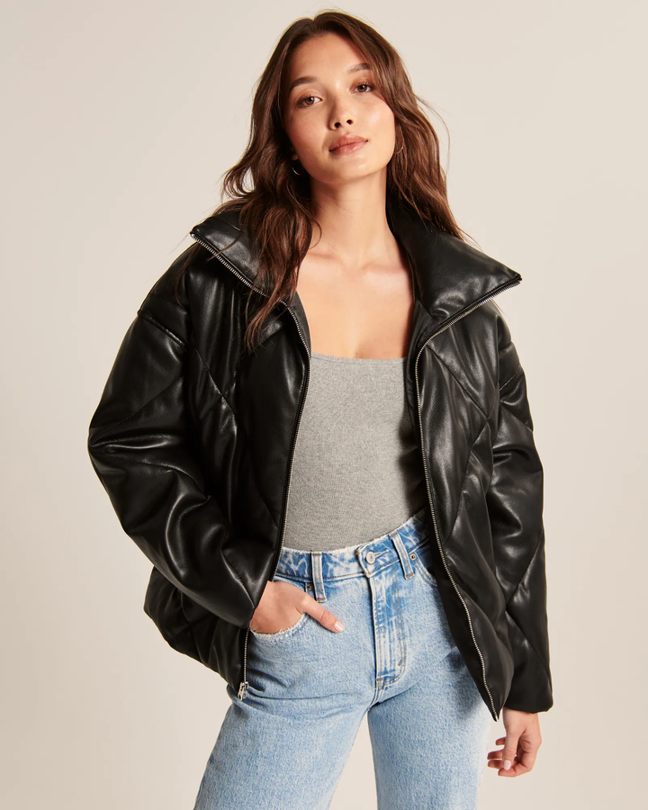 Model wearing Abercrombie & Fitch vegan leather puffer.