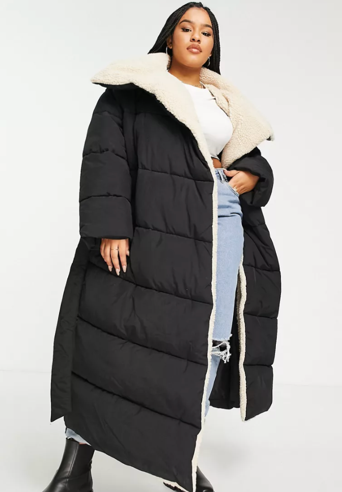 ASOS DESIGN Curve + Borg Collared Belted Maxi Puffer Jacket In Black