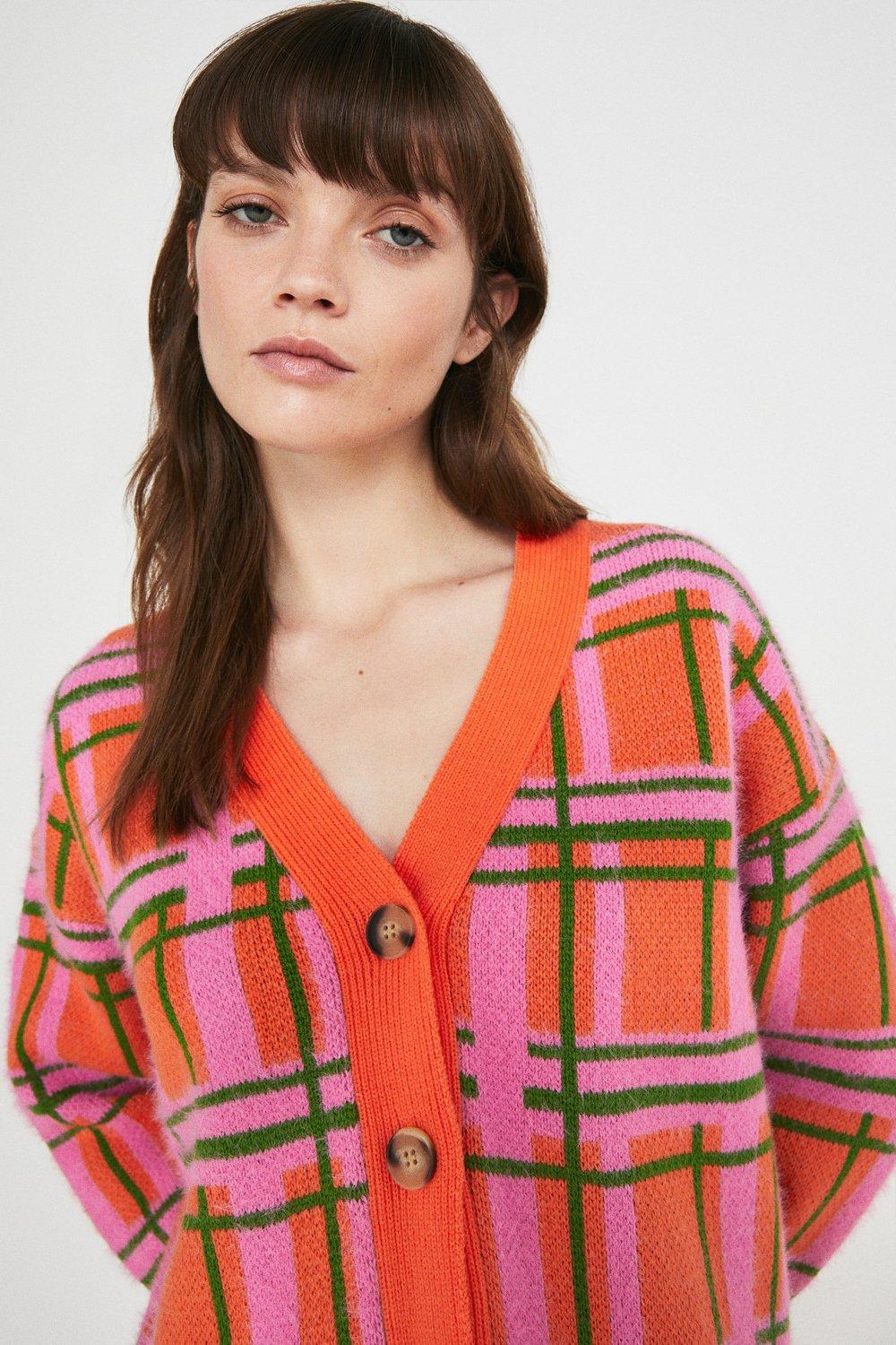 Warehouse + Fluffy Check Knit Cardigan