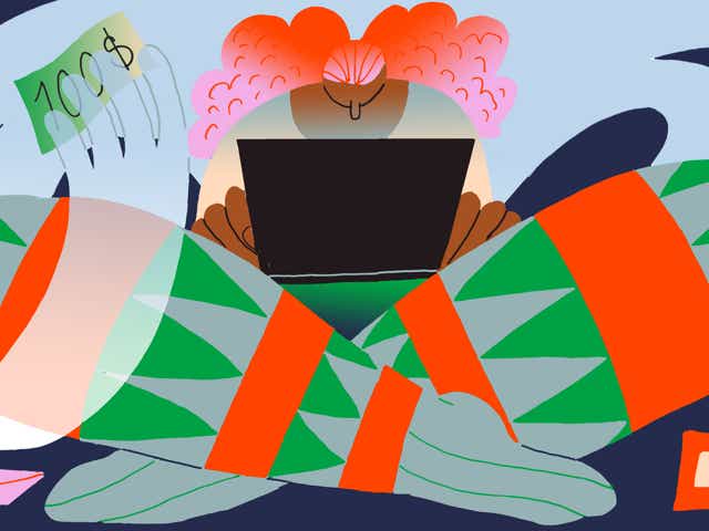 Illustration of woman online in front of laptop being scammed by sugar daddy