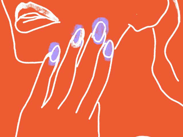 Die Illustration einer Frau, die mit ihrer Hand mit langen Nägeln ihr Gesicht berührt, ist zu sehen.