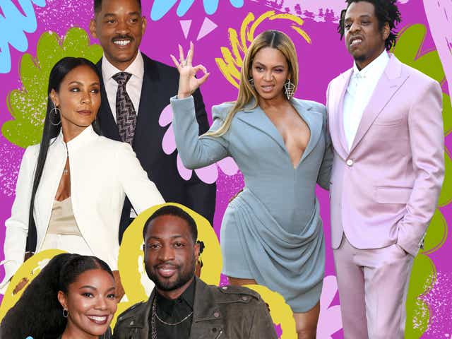 Photo collage of Gabrielle Union &amp; Dwayne Wade, Jada Pinkett &amp;Will Smith, Beyonce &amp; Jay-Z