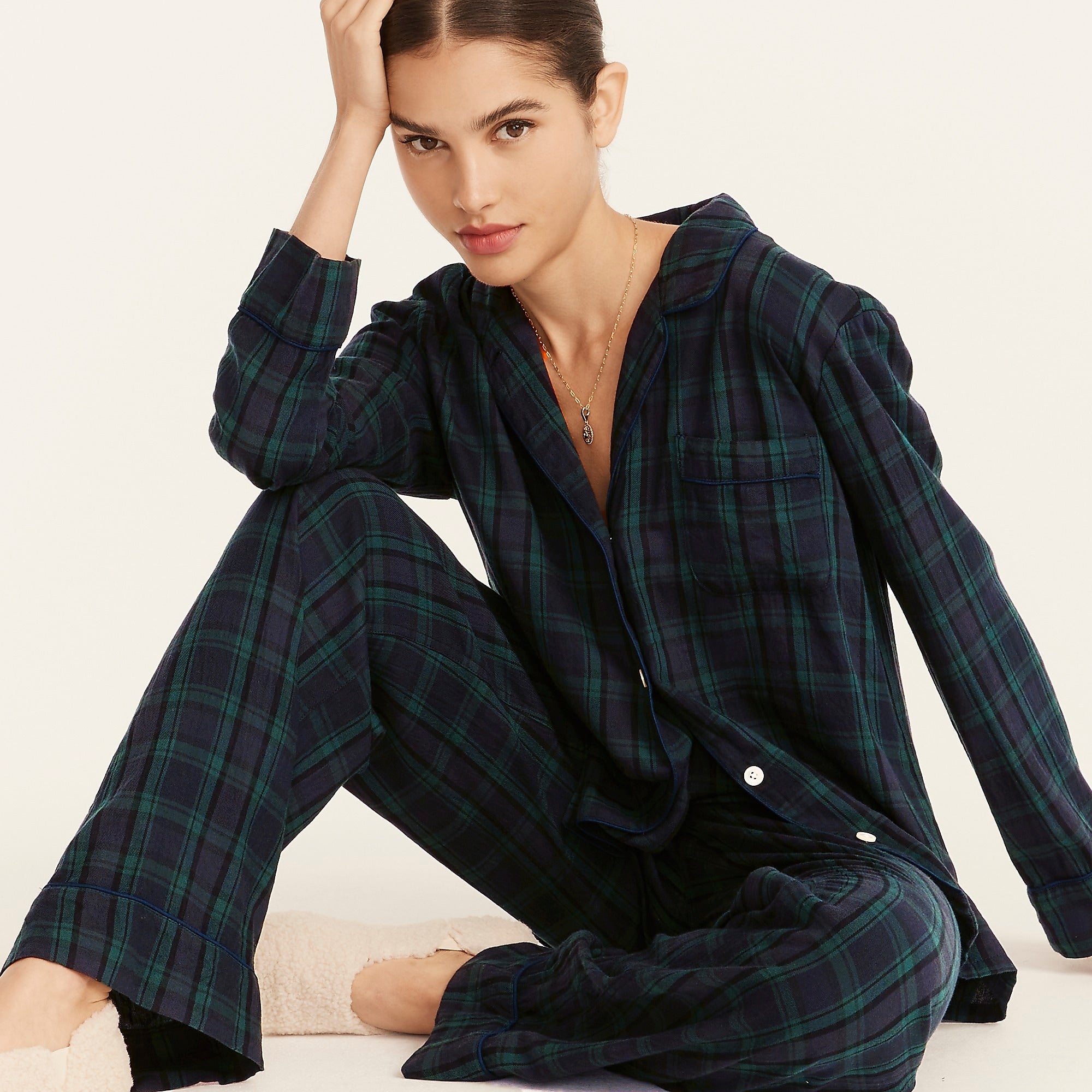 J. Crew + Flannel long-sleeve pajama set in Black Watch tartan