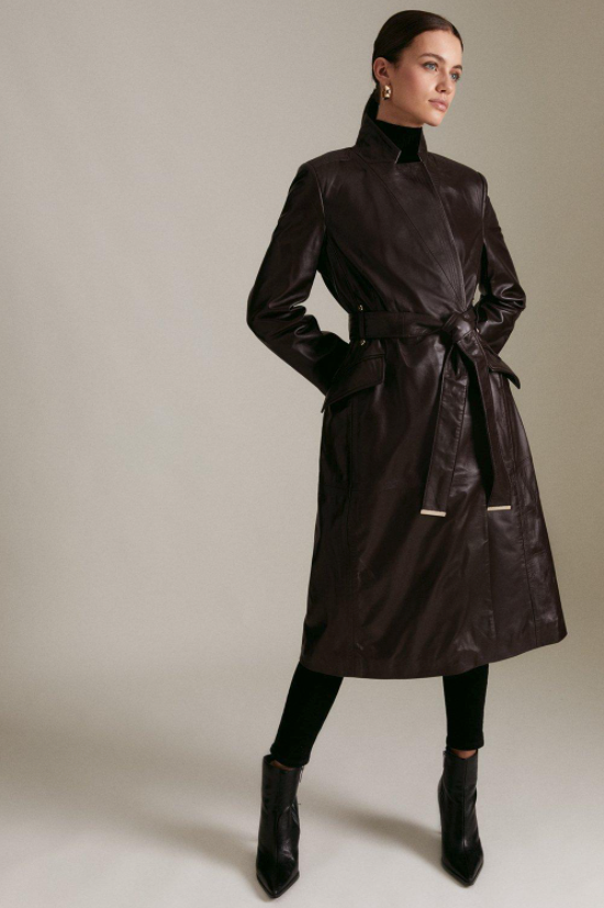 Karen Millen + Petite Leather Investment Notch Neck Coat