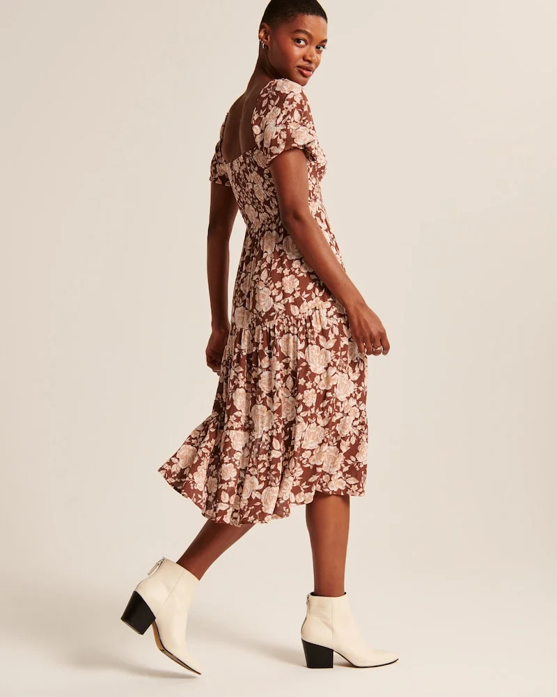 Abercrombie and Fitch + Short-Sleeve Smocked Midi Dress